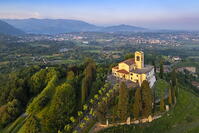 Santuario della Beata Vergine del Carmelo at the top of a hill at sunset in spring. Montevecchia, Lecco district, Lombardy, Italy. [AWL110002086]