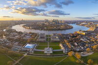 Royal Naval College, (Canary Wharf, Isle of Dogs and the River Thames behind) from Greenwich park, Greenwich, London [AWL110002120]