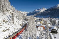 Bernina Express passes in Madulain, Graubunden, Maloja, Switzerland, Europe [AWL110002177]