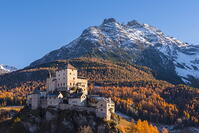 Aerial view of Tarasp castle in autumn. Tarasp, Lower Engadine,Graubunden, Switzerland [AWL110002178]