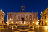 Night view of Piazza del Campidoglio with Palazzo Senatorio and the replica of the equestrian statue of Marcus Aurelius, Rome, Lazio, Italy [AWL110002451]