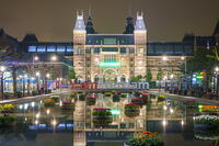 Rijksmuesum and Museumplein illuminiated at night, Amsterdam, North Holland, Netherlands [AWL110002471]