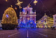 Preseren Square and Franciscan Church of the Annunciation adorned with Christmas lights, Ljubljana, Slovenia [AWL110002482]