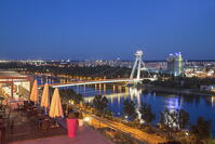 View of New Bridge from Parliament Restaurant at dusk, Bratislava, Slovakia [AWL110002483]