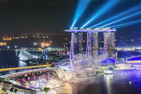 Elevated view of business district and Marina bay Sands at night, Singapore [AWL110002490]
