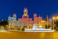Cybele Palace or Palacio de Cibeles city hall illuminated by colors of Spanish flag, Plaza de Cibeles, Madrid, Community of Madrid, Spain [AWL110002496]