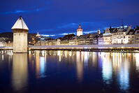 Europe, Switzerland, Lucerne, water tower on 14th century Kapellbrucke, covered wooden bridge over the River Reuss [AWL110002509]