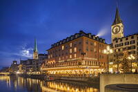 View of Zurich Old Town and the Limmat River from the Rathaus at twilight, Zurich, Canton of Zurich, Switzerland [AWL110002511]