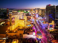 Aerial View at night of the Las Vegas illuminated Strip, with its lively Neon Colors Las Vegas, Nevada, USA [AWL110002534]
