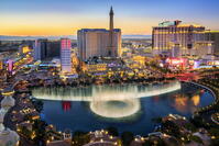 Strip View with Bellagio Fountain and Paris Hotel at night, Las Vegas , Nevada, USA [AWL110002536]