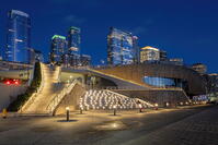 Ocean Pavillion of Seattle Aquarium and downtown skyline by night, Seattle, Washington, USA [AWL110002547]