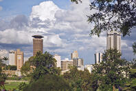 Kenya, Nairobi. Nairobi City skyline from Uhuru Park. [AWL110002566]