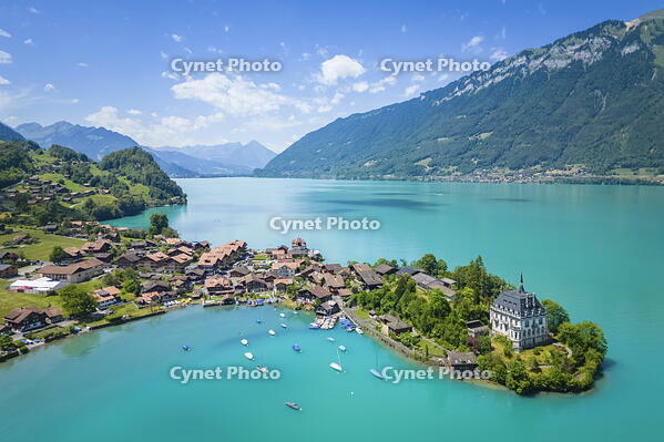 Iseltwald and it's peninsula with the old Castle on Lake Brienz. Iseltwald, Lake Brienz, Bernese Oberland, Switzerland. [AWL110001162]