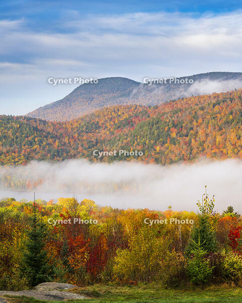 Fog at sunrise in autumn, Adirondack Mountains, New York, USA [AWL110001501]