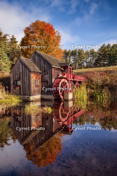 Autumn reflection at the Old Guildhall Grist Mill, Northeast Kingdom, Guildhall, Vermont, USA [AWL110001503]