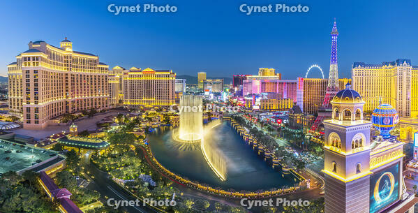 Bellagio Fountain View, Lady Gaga Dancing Fountain Show, with Paris Eiffel Tower Las Vegas Strip View, Skyline, illuminated Las Vegas, Nevada, USA [AWL110001558]