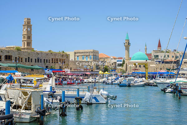 Israel, North District, Upper Galilee, Acre (Akko). Khan al-Umdan, Sinon Basha Mosque and buildings in the old town from Akko harbor. [AWL110001684]