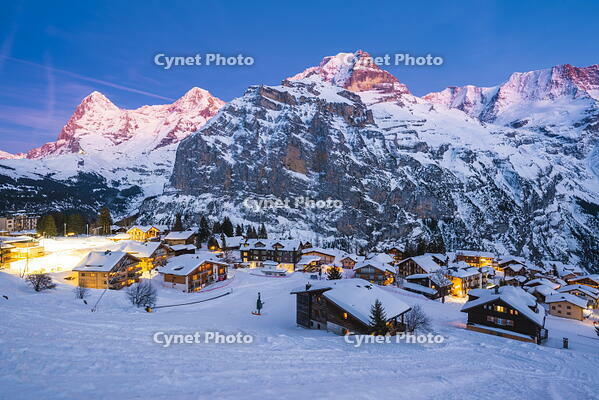 M?rren, Berner Oberland, canton of Bern, Switzerland. The village with Eiger, M?nch and Jungfrau in the backdrop at dusk [AWL110001720]
