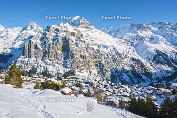 M?rren, Berner Oberland, canton of Bern, Switzerland. The village with Eiger, M?nch and Jungfrau in the backdrop [AWL110001722]