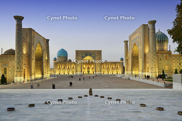 The Registan square  and its three madrasahs. From left to right: Ulugh Beg Madrasah, Tilya-Kori Madrasah and Sher-Dor Madrasah. A Unesco World Heritage Site, Samarkand. Uzbekistan [AWL110001745]
