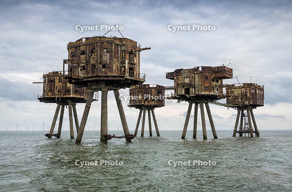 The towers of the Red Sands Fort â€' part of the decommissioned Maunsell Forts, the armed towers built in the Thames estuary to protect the Kent coast during the Second World War, near Whitstable, Kent, England [AWL110001767]