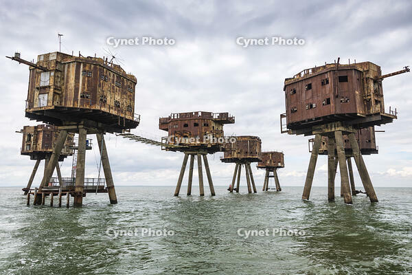 The towers of the Red Sands Fort â€' part of the decommissioned Maunsell Forts, the armed towers built in the Thames estuary to protect the Kent coast during the Second World War, near Whitstable, Kent, England [AWL110001768]