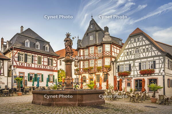 Marienbrunnen and historic half-timbered houses on the market square of Heppenheim, southern Hesse, Hesse, Germany [AWL110001925]