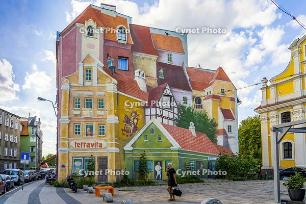 A Srodka Tale with Trumpeter on the Roof and Cat in the Background Mural, Cathedral Island or Ostrow Tumski, Poznan, Poland, Eastern Europe [AWL110001961]