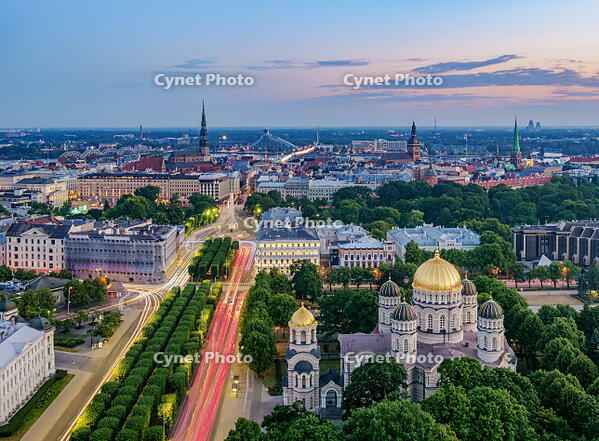 View over the Golden Domes of the Nativity of Christ Orthodox Cathedral towards the Old Town, dusk, Riga, Latvia [AWL110002023]