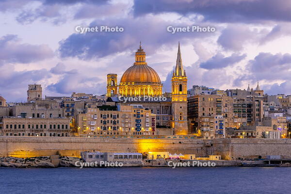 St Paul's Pro-Cathedral and The Basilica of Our Lady of Mount Carmel at Dusk, Marsamxett Harbour, Valletta, Malta, Southern Europe [AWL110002035]
