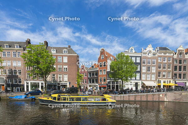 Boats and typical houses on Prinsengracht canal, Amsterdam, Netherlands [AWL110002039]