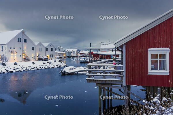 A red hut called Rorbuer (ancient fishermen's houses), Henningsvaer in Lofoten islands, Norway [AWL110002046]
