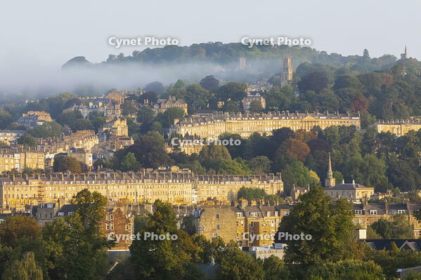 England, Somerset, Bath, Skyline City View with Terraced Housing with Morning Mist [AWL110002065]