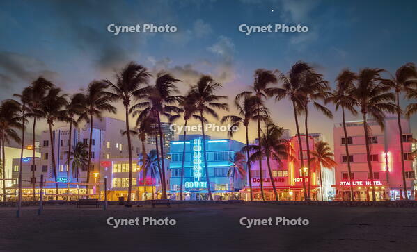 Ocean Drive Art Deco District, illuminated with iconic Neon Colors South Beach, Miami Beach, Florida, USA [AWL110002069]