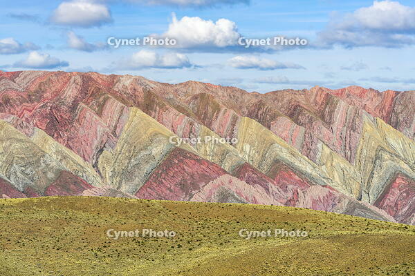 Colorful mountains behind a grassy plateau, Serrania de Hornocal, Humahuaca, Jujuy, Argentina [AWL110002074]
