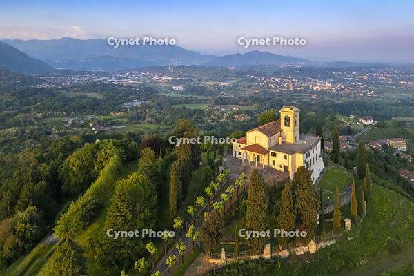 Santuario della Beata Vergine del Carmelo at the top of a hill at sunset in spring. Montevecchia, Lecco district, Lombardy, Italy. [AWL110002086]
