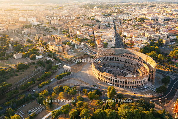 Aerial view of Colosseum and Roman forums at sunset. Rome, Lazio, Italy [AWL110002094]