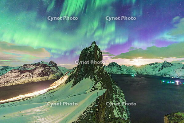 Northern Lights over Fjordgard and Mefjorden and the snowy Segla mountain, Senja, Troms county, Norway [AWL110002105]