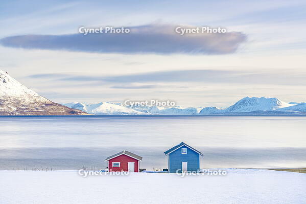 Colorful wood cabins on snowy coastline along the icy fjord at sunrise, Tromso, Norway [AWL110002106]