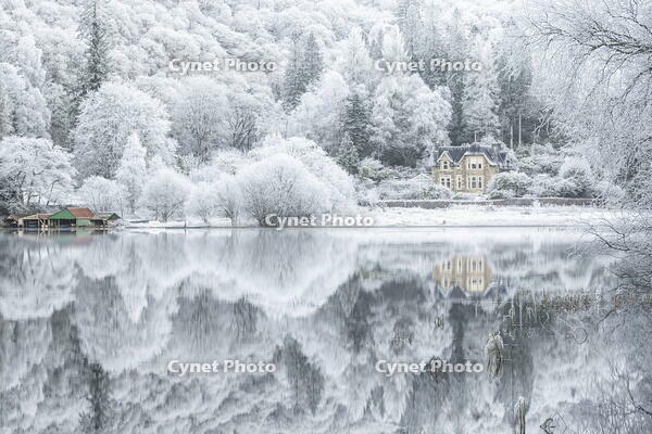 Hoar Frost reflected in Loch Ard, Loch Lommond and the Trossachs National Park, Stirlingshire, Scotland, UK, December 2024 [AWL110002109]