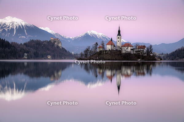 Church of the Assumption of the Blessed Virgin Mary, on Bled island, Lake Bled, at dusk, in winter, with the Julian Alps in the distance, Bled, Slovenia [AWL110002111]