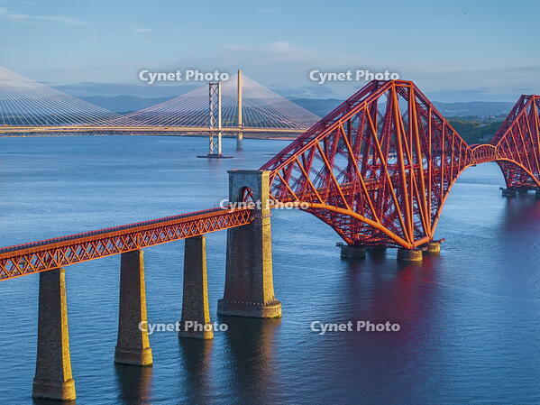 UK, Scotland, Lothian, Near Edinburgh, Queensferry, Forth Bridge with Forth Road Bridge and Queensferry Crossing Bridge beyond [AWL110002119]
