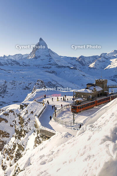 Train station of Gornergrat with view on Matterhorn and ski slopes. Gornergrat, Zermatt, Canton of Valais / Wallis, Switzerland. [AWL110002137]