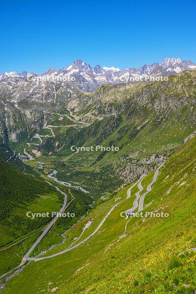 Bernese Alps and Grimsel pass road seen from Furka pass, Urner Alps, canton Valais, Switzerland [AWL110002158]