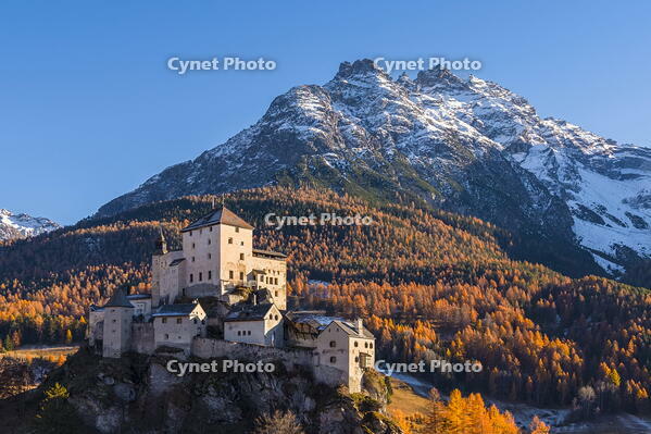Aerial view of Tarasp castle in autumn. Tarasp, Lower Engadine,Graubunden, Switzerland [AWL110002178]