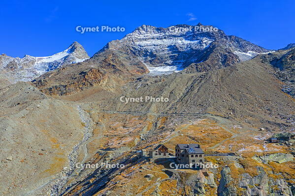 Aerial view on the Weissmies mountain hut and Fletschhorn and Lagginhorn, Saas-Grund, Valais, Switzerland [AWL110002208]