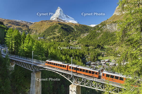 Gornergratbahn cog railway on Findelbach Bridge,  Matterhorn (4478m) mountain, Valais, Swiss Alps, Switzerland [AWL110002224]