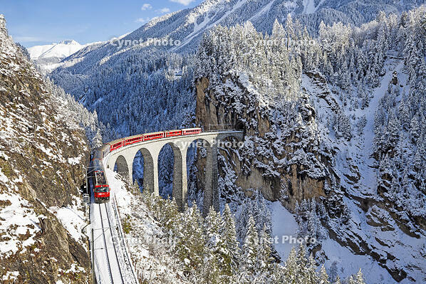 Bernina train at Landwasser viaduct, Unesco world heritage, Engadine, Switzerland [AWL110002238]