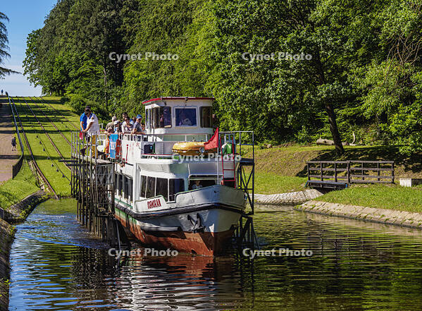 Tourist Boat in Cradle at Inclined Plane in Buczyniec, Elblag Canal, Warmian-Masurian Voivodeship, Poland [AWL110002249]