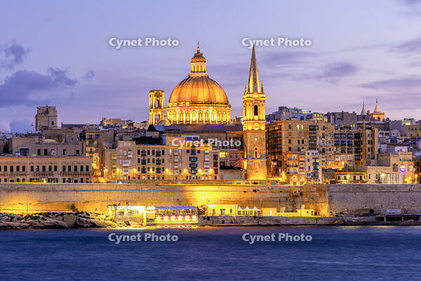 St Paul?&euro;&trade;s Pro-Cathedral and The Basilica of Our Lady of Mount Carmel at Dusk, Marsamxett Harbour, Valletta, Malta, Southern Europe [AWL110002461]